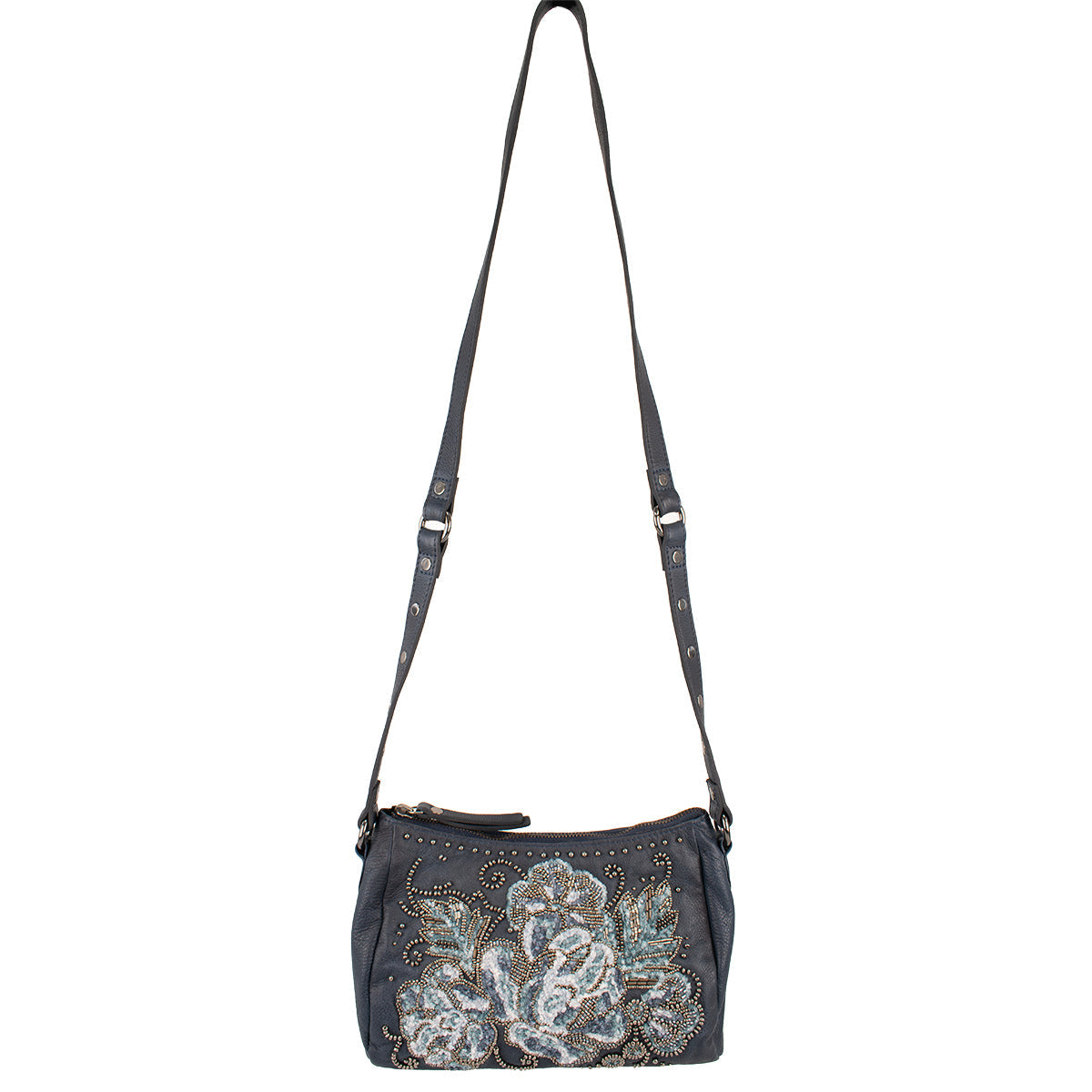 Blue Leather Beaded Flowers Handbag ’One of a Kind’ One Kind