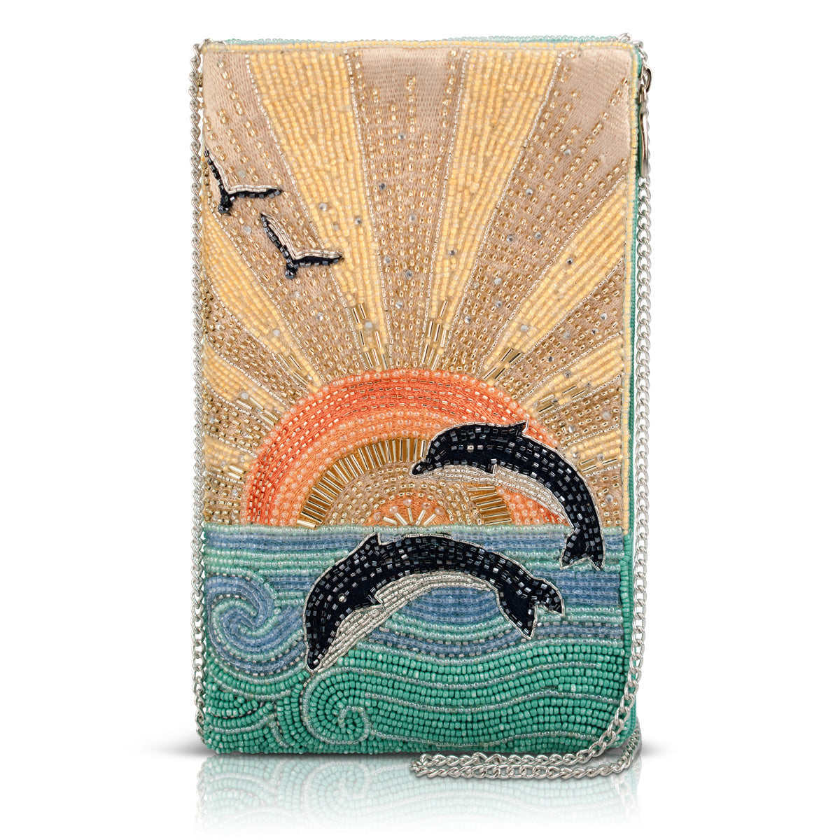 Flip for Joy Sunset Sunrise and Dolphins Beaded Crossbody Phone Bag