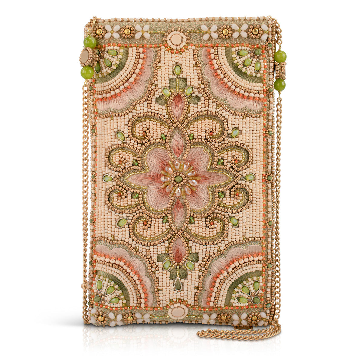 Gentle Touch Pink and Green Floral Beaded Crossbody Phone Bag