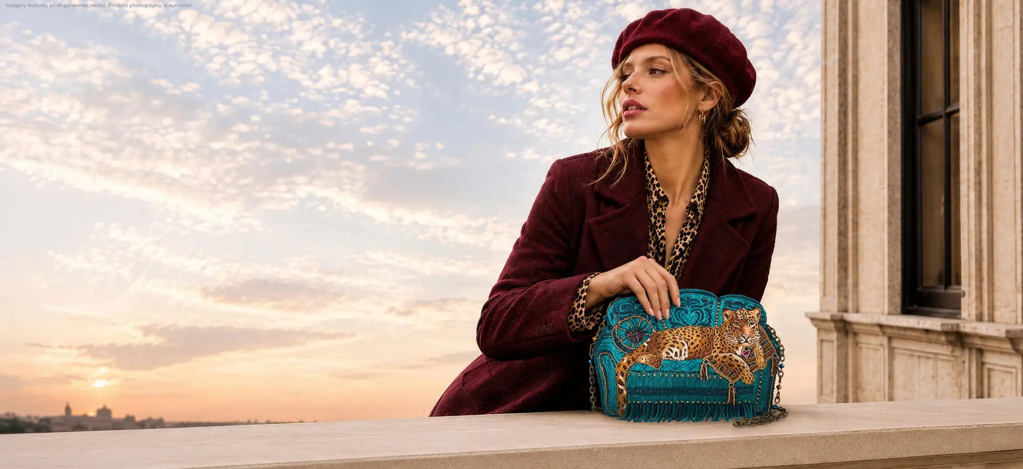 A turquoise gucci clutch adorned with a golden leopard motif and fringed detailing.