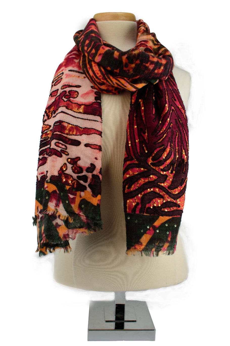 Maroon Print Scarf ’One of a Kind’ beaded - One Kind 1