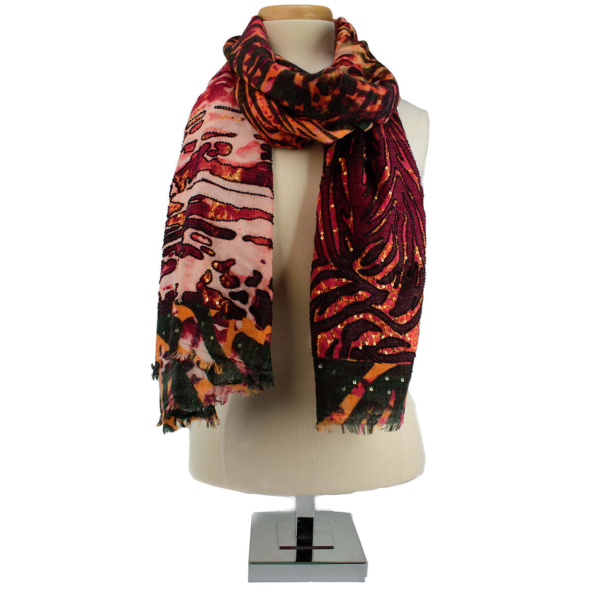 Maroon Print Scarf ’One of a Kind’ beaded - One Kind 1