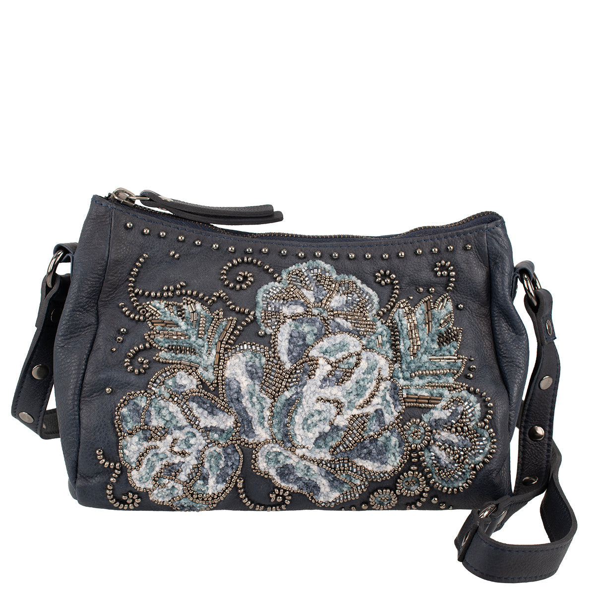 Blue Leather Beaded Flowers Handbag ’One of a Kind’ One Kind