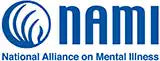 Blue and white NAMI (National Alliance on Mental Illness) logo featuring a circular wave-like design.