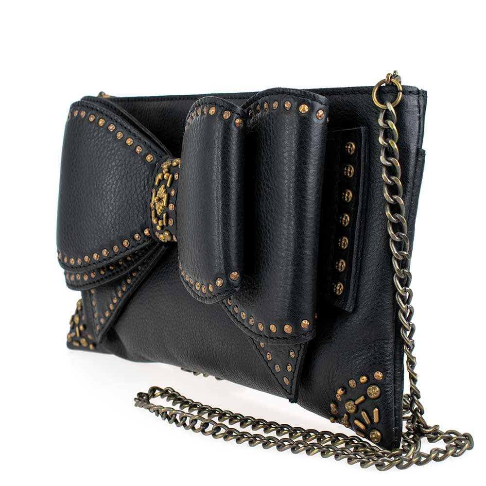 Black leather clutch purse with gold studded detailing and a chain strap.