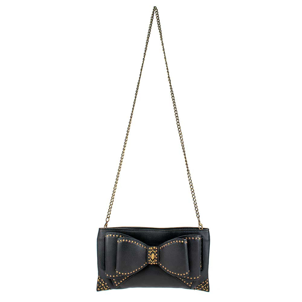 Black leather handbag with a decorative bow and gold chain strap.