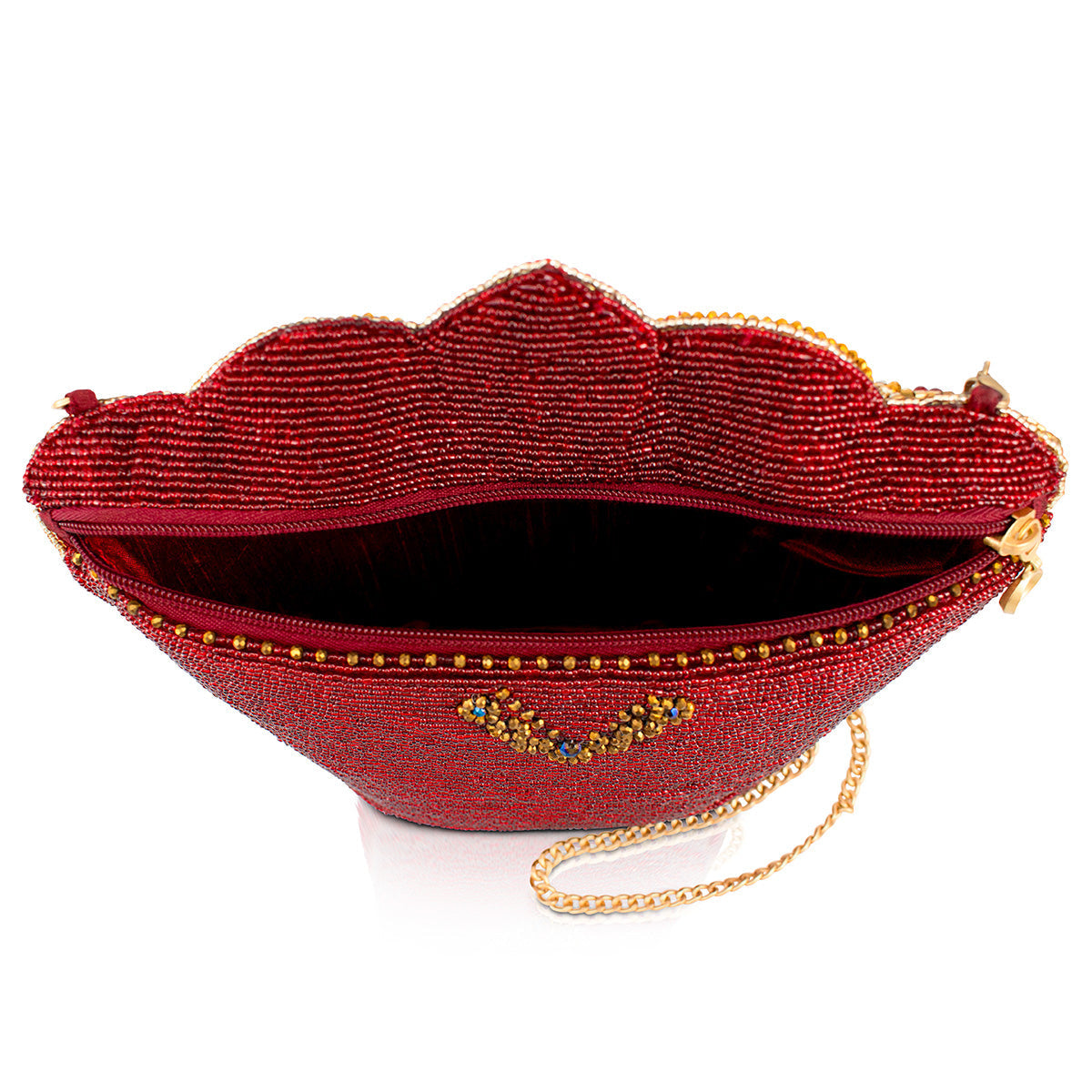 MARY FRANCES 赤 リップビーズパーティーバッグ　メアリーフランシス Crimson Queen Red and Gold Crown Beaded Handbag