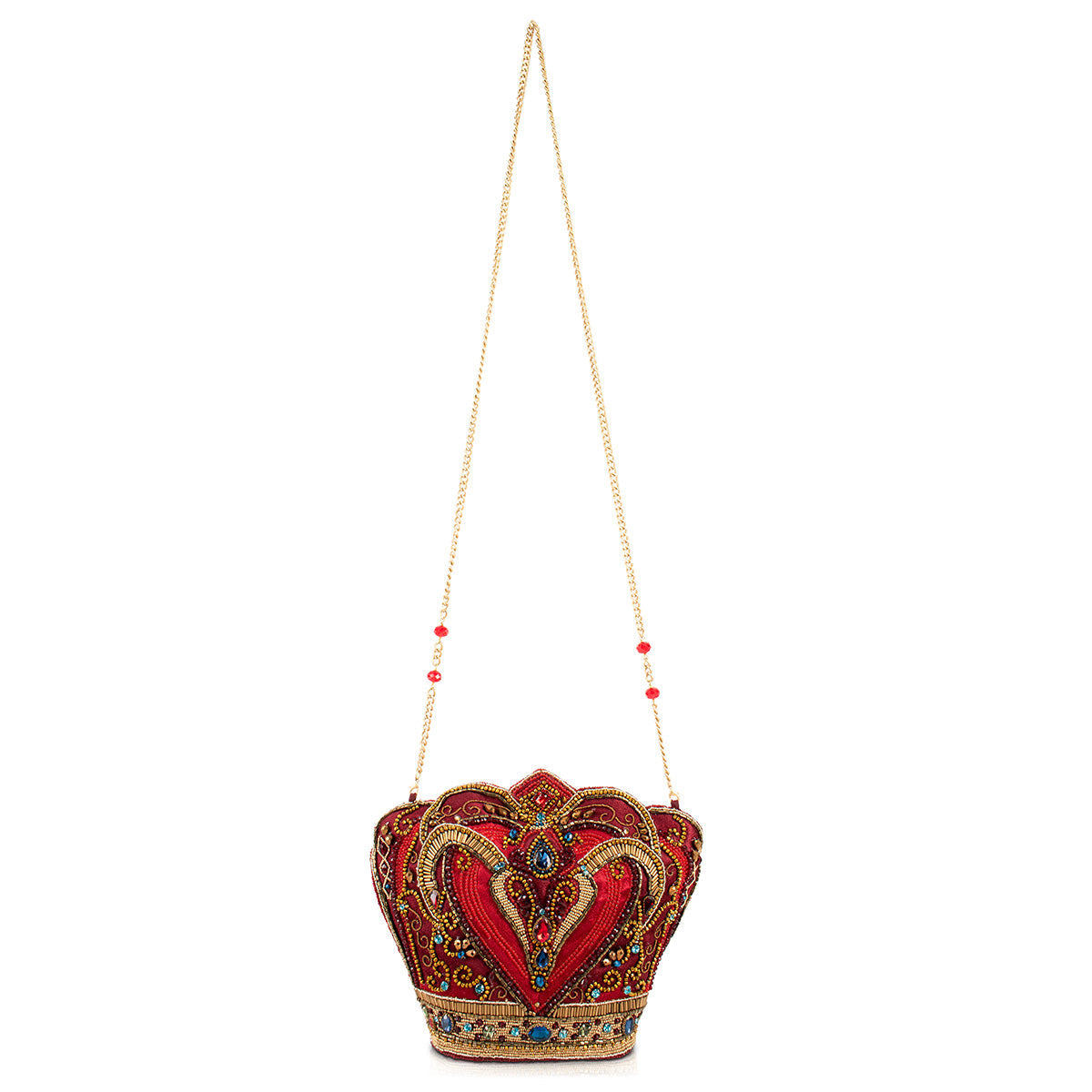 MARY FRANCES 赤 リップビーズパーティーバッグ　メアリーフランシス Crimson Queen Red and Gold Crown Beaded Handbag