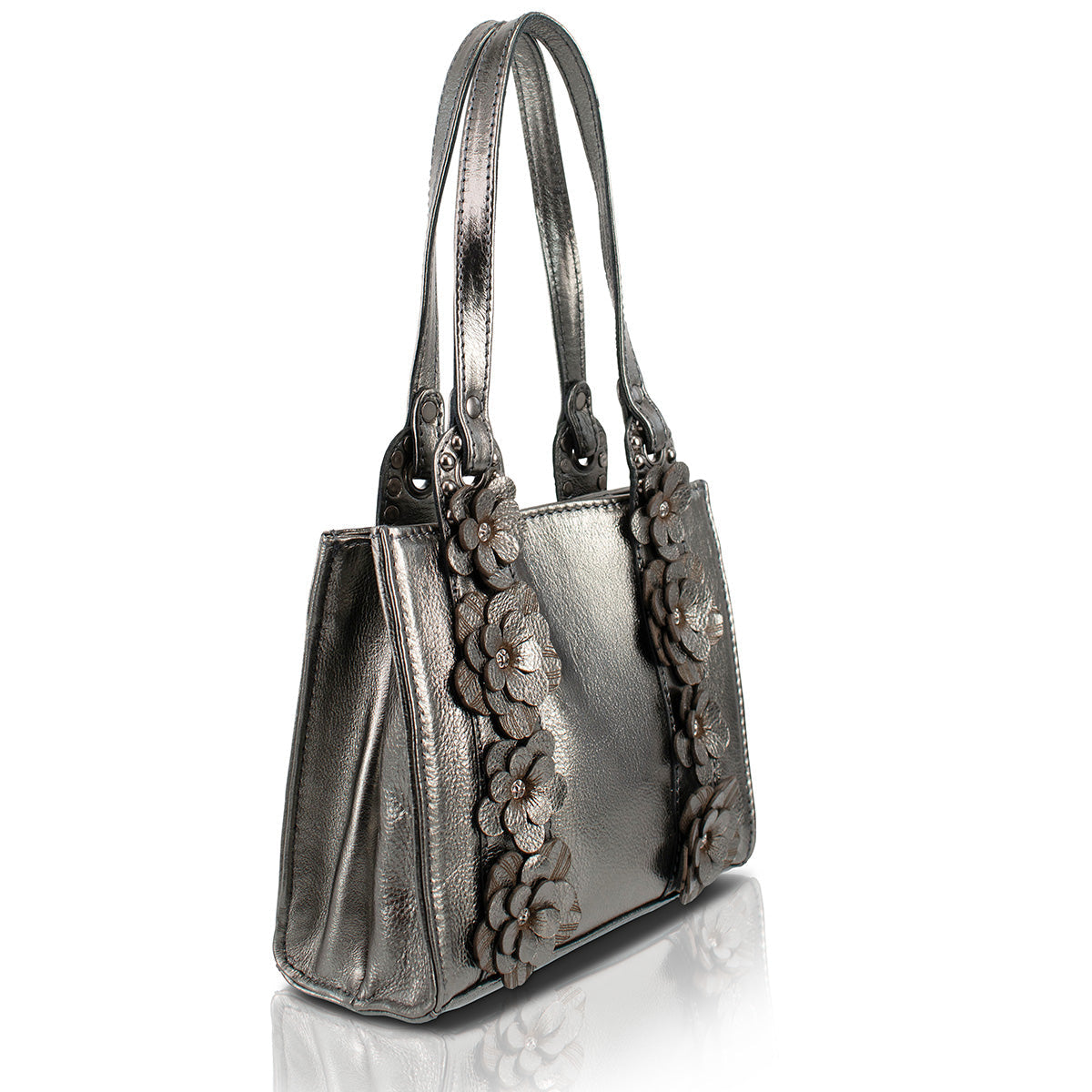 Elevated Pewter Leather Shoulder Handbag beaded - 3