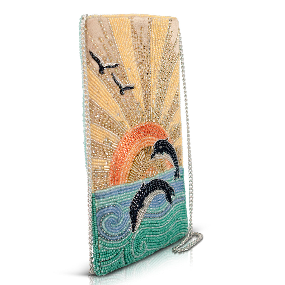 Flip for Joy Sunset Sunrise and Dolphins Beaded Crossbody Phone Bag