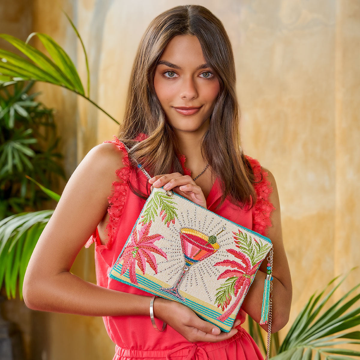 Palm Paradise Beaded Tropical Cocktail Crossbody Clutch Handbag