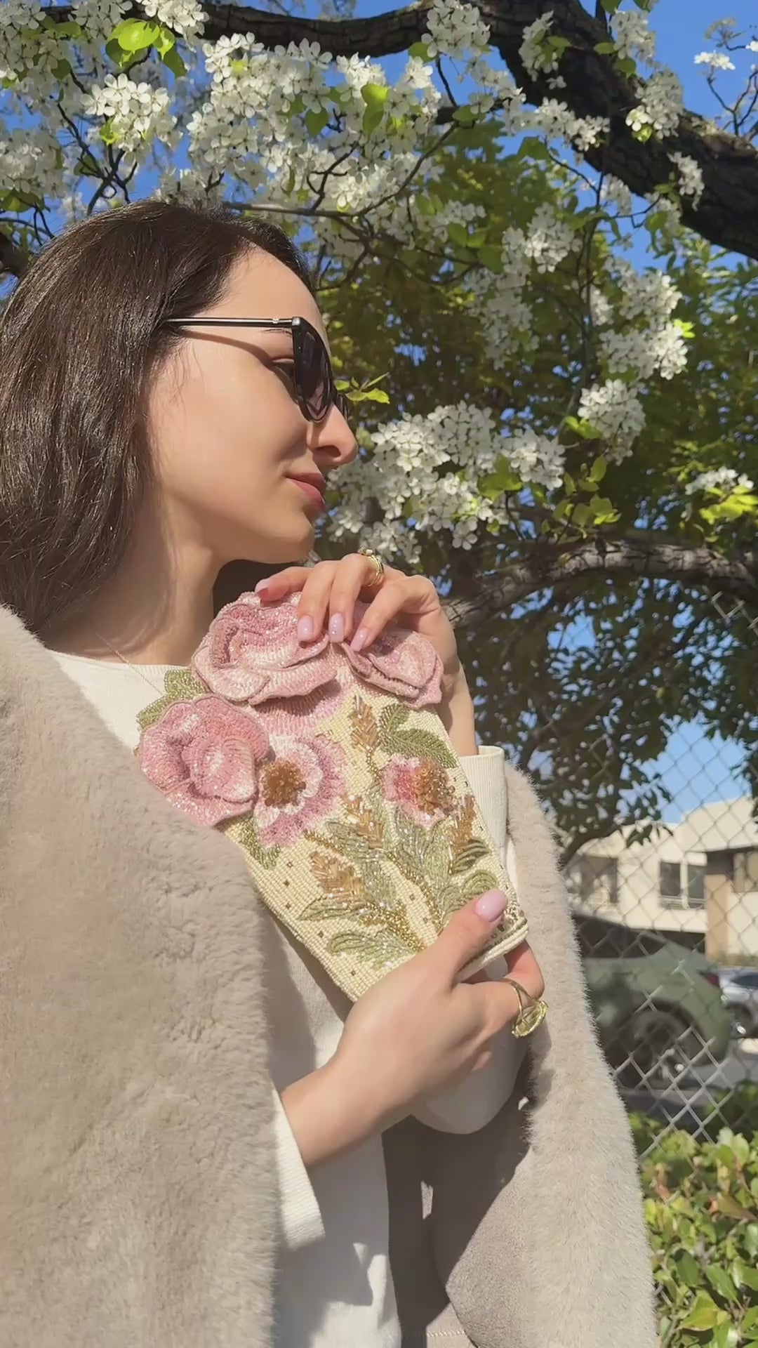 Sweet Pink Floral Bouquet Beaded Crossbody Handbag
