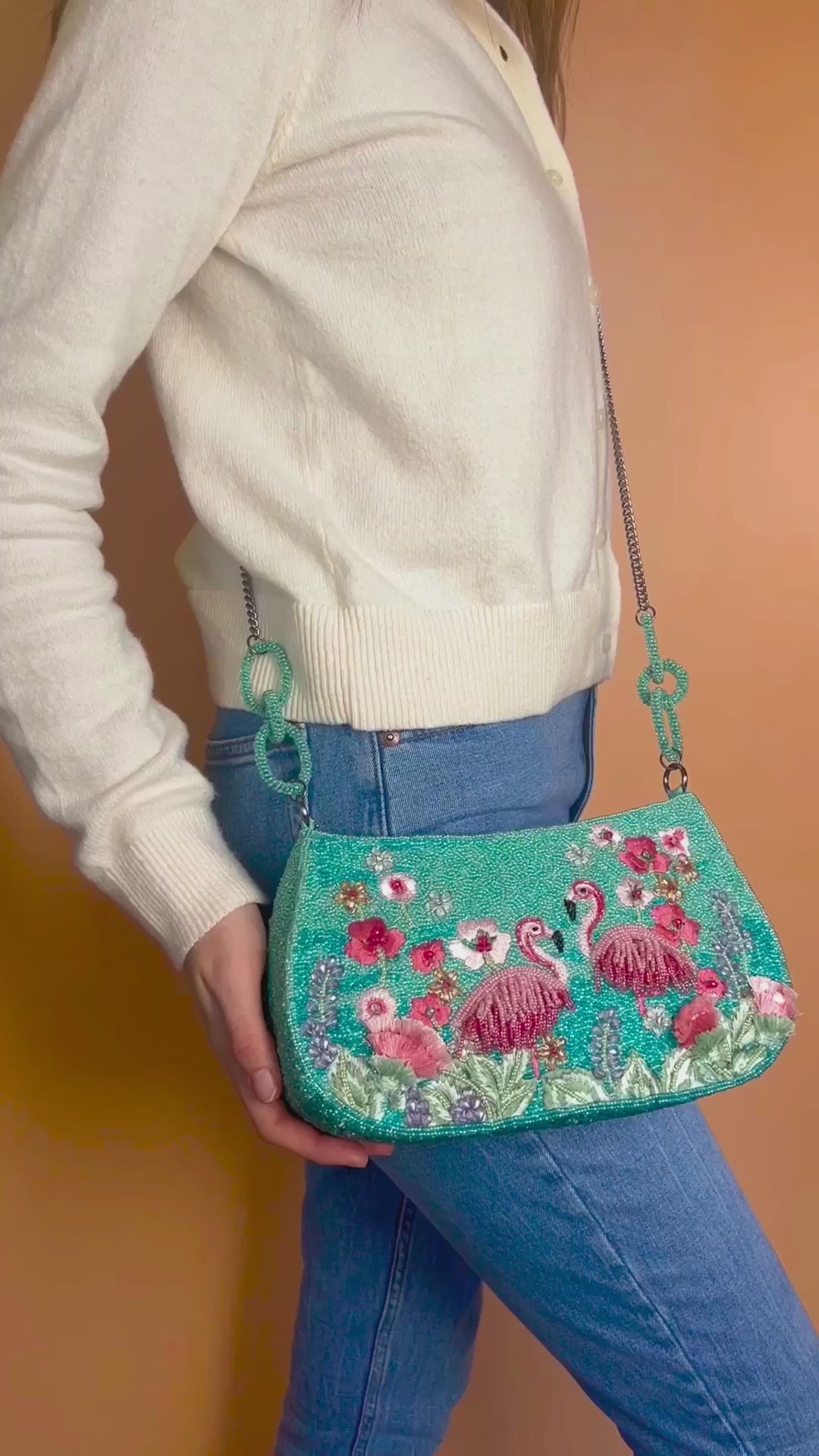 Flirty Flamingos Beaded Crossbody Handbag