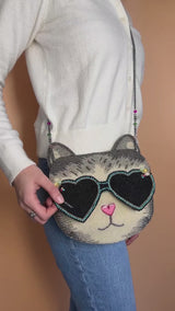 Cool Cat Beaded Crossbody Handbag