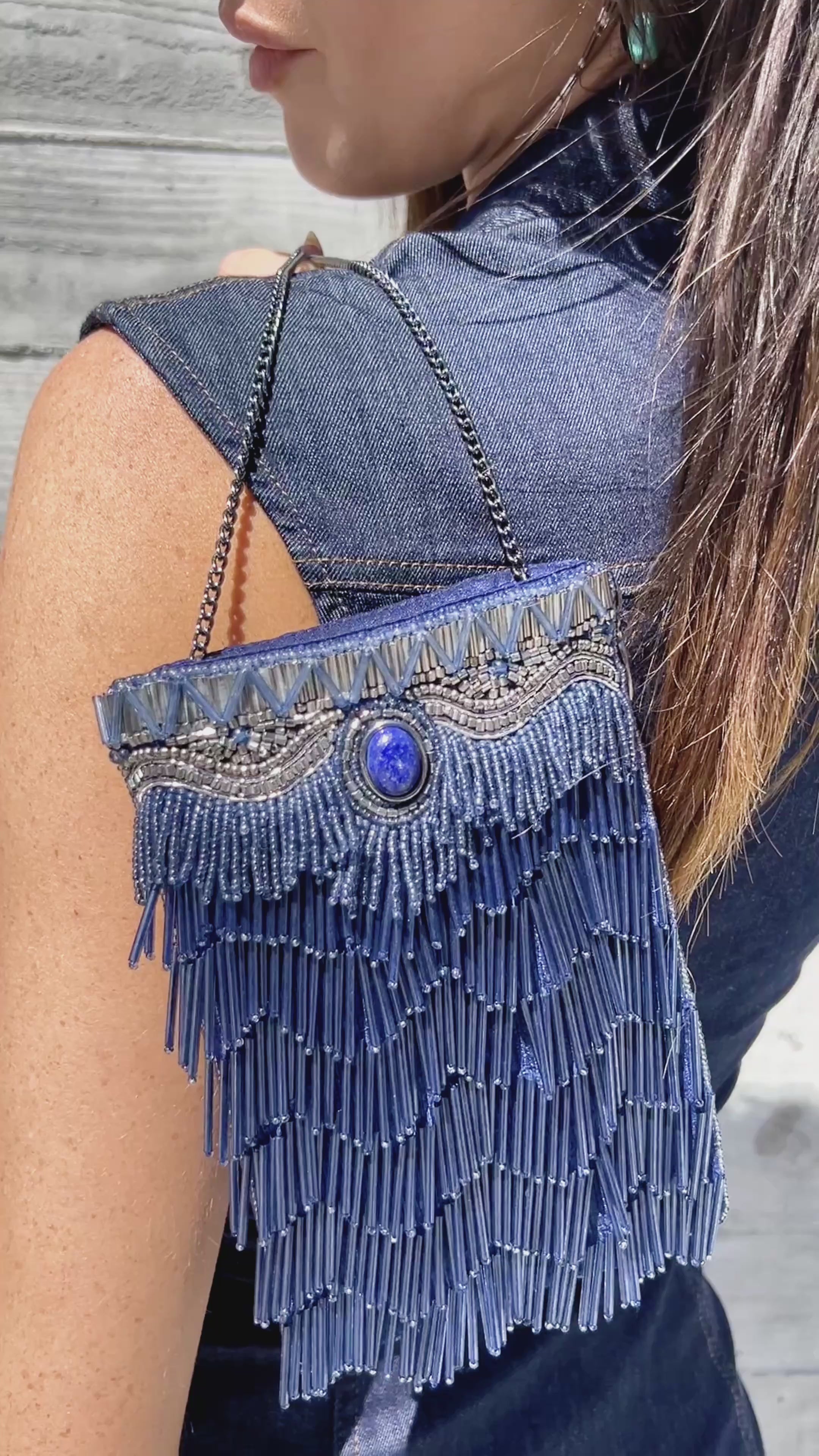 True Blue Precious Stone with Fringe Crossbody Phone Bag