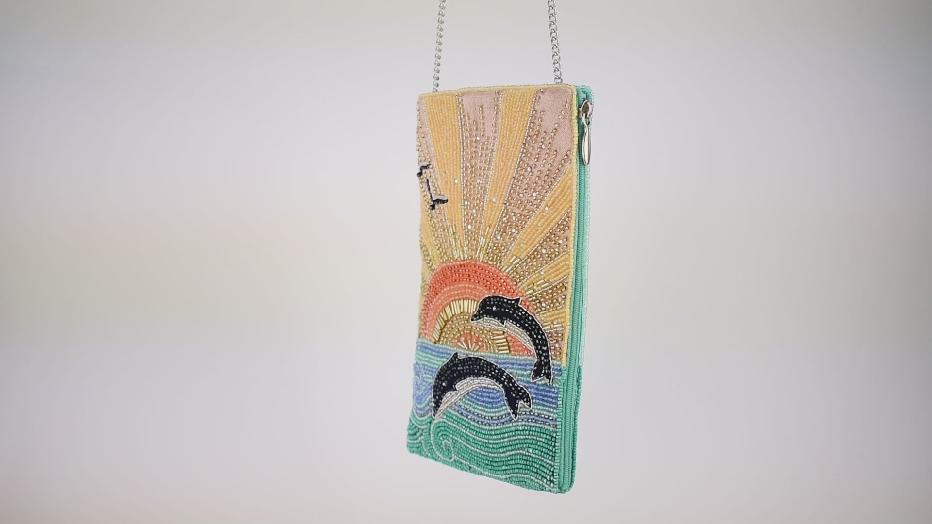 Flip for Joy Sunset Sunrise and Dolphins Beaded Crossbody Phone Bag