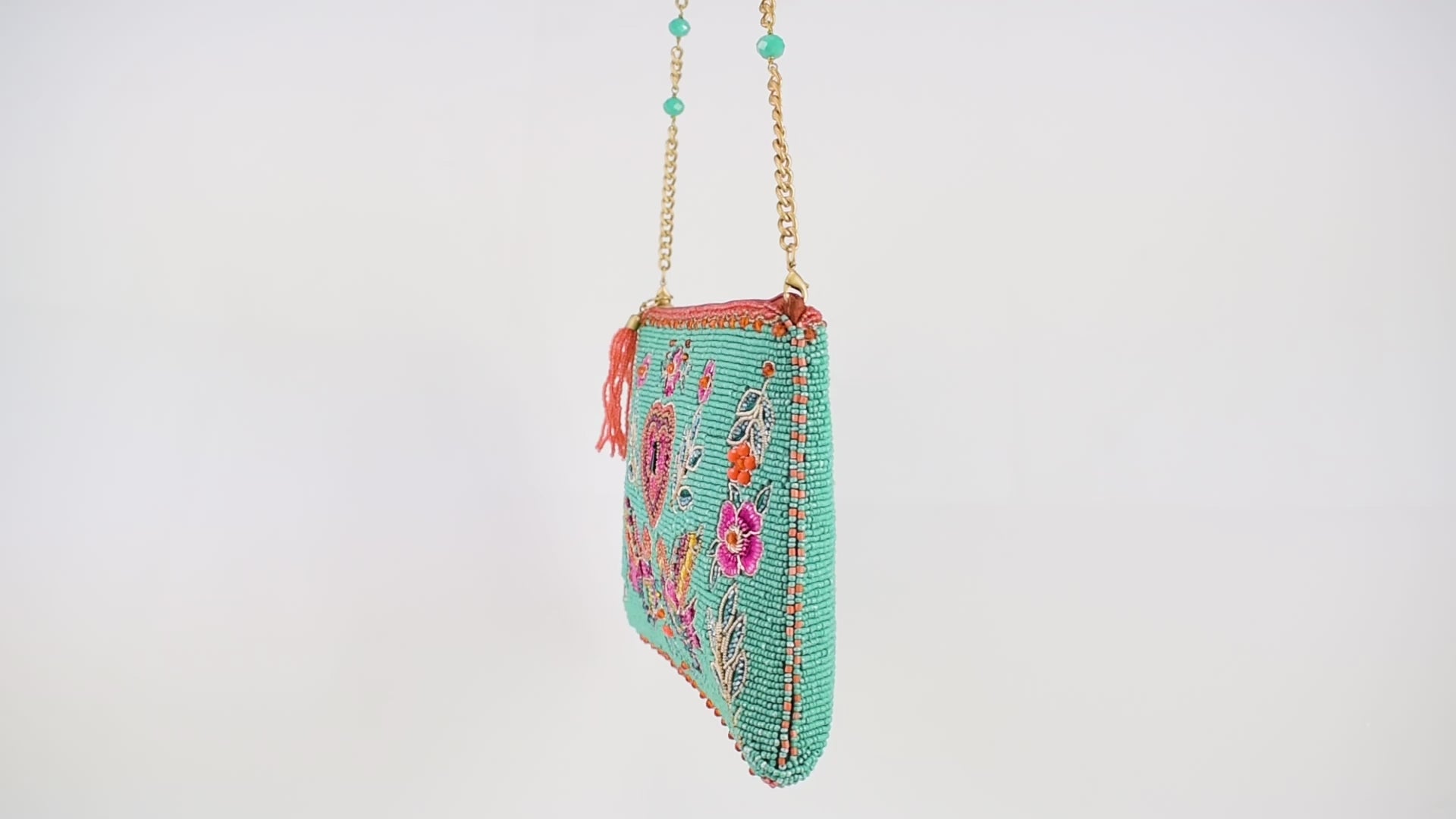 Two In Love Lovebirds and Heart on Turquoise Beaded Handbag