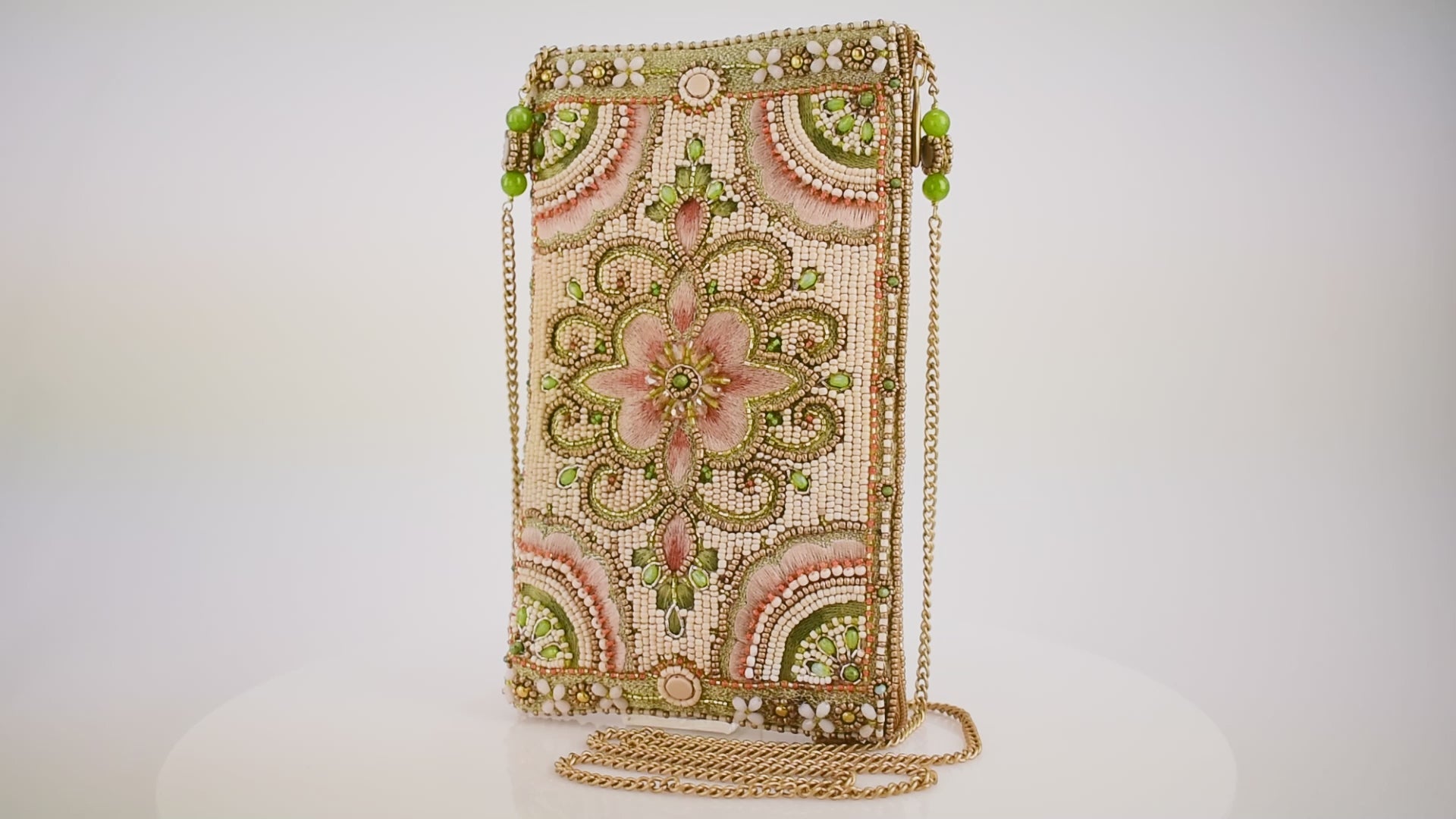 Gentle Touch Pink and Green Floral Beaded Crossbody Phone Bag