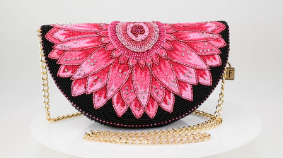 Flirty Beaded Embroidered Pink Daisy Flower Crossbody Clutch Handbag