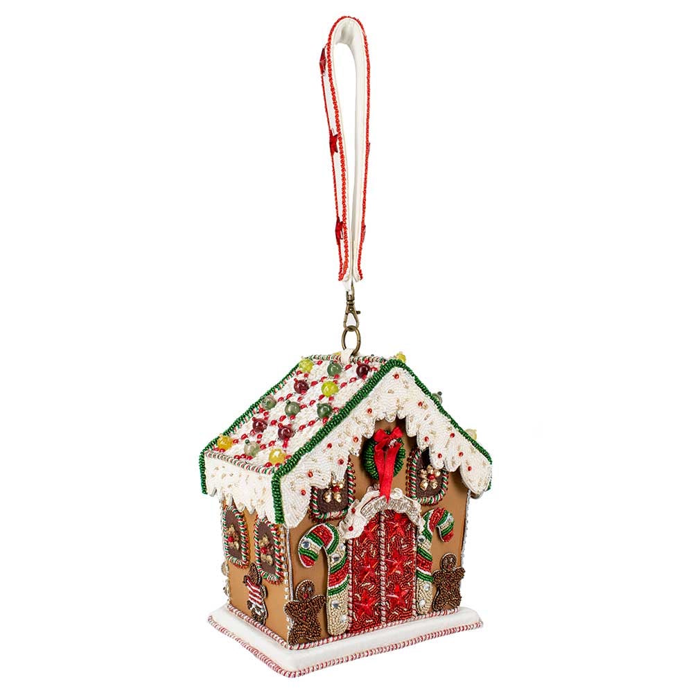 Gingerbread House Beaded Top Handle Bag Purse handle up view