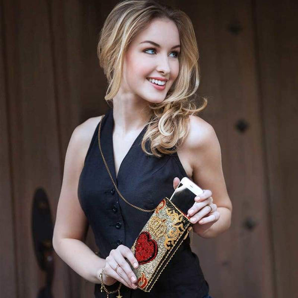 Queen of Hearts Beaded Playing Card Crossbody Phone Bag