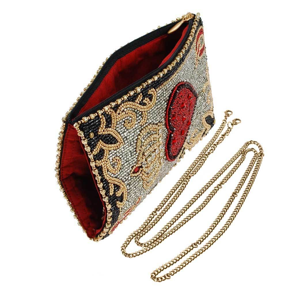 Queen of Hearts Beaded Playing Card Crossbody Phone Bag