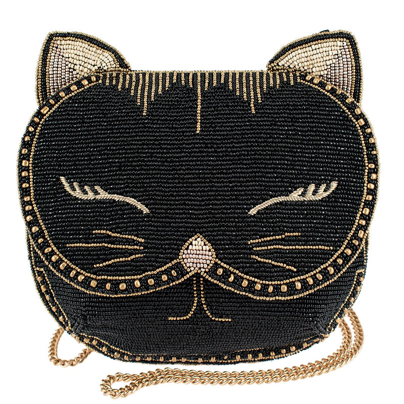 Whiskers Beaded Black Cat Crossbody Handbag